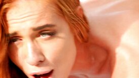 Redhead gets stretched by thick BBC outdoors by the pool